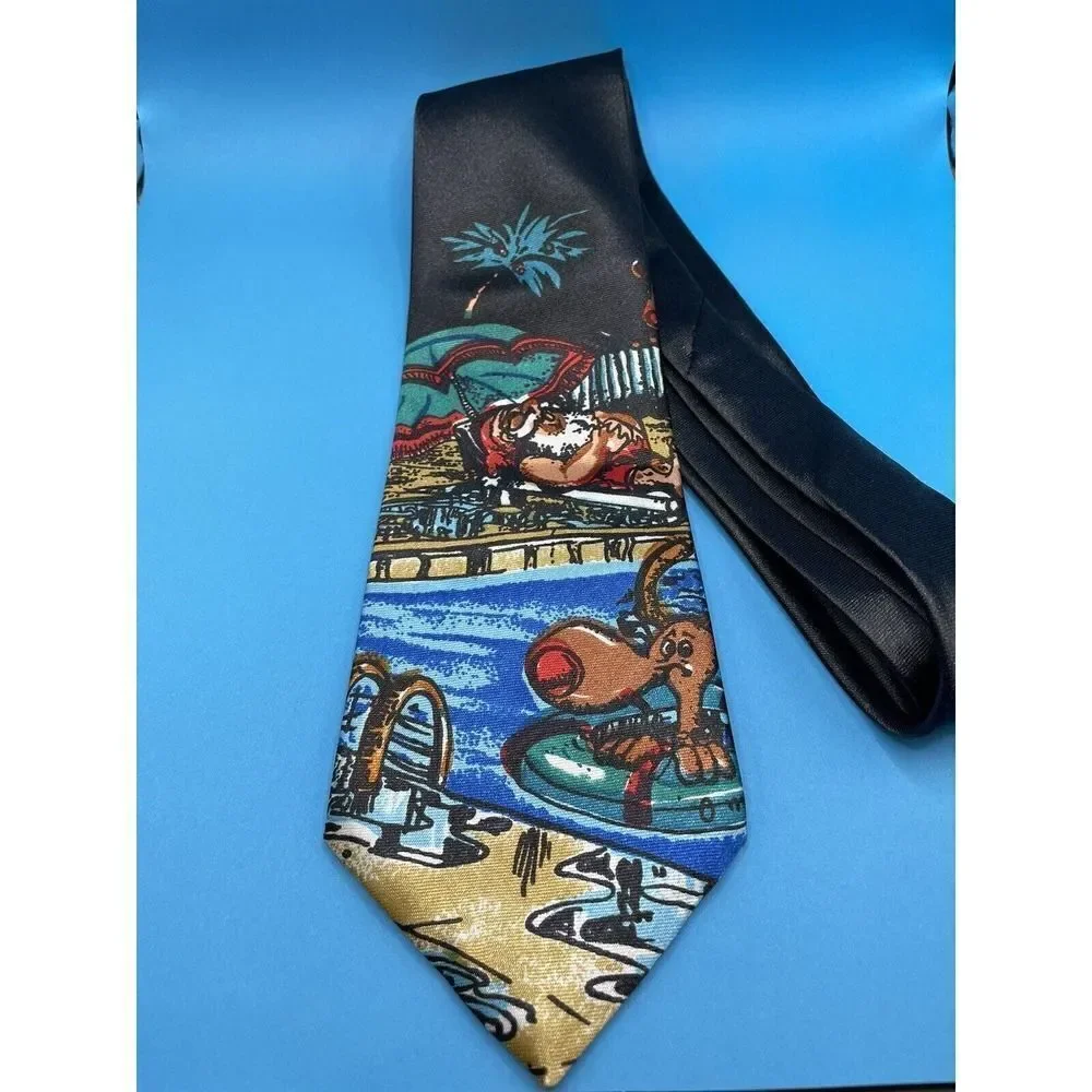 Christmas Tie Vintage. Santa In Sun, Rudolph In Pool 57”‎ Excellent Condition.